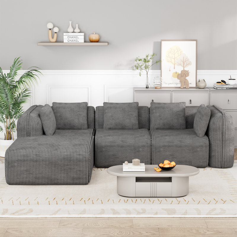 Boneless Modular Sectional Sofa with Chaise, Boneless Couch Convertible Sofa Bed, Fluffy Cloud Couch, Deep Seat Couches for Living Room, No Assembly Required, Black