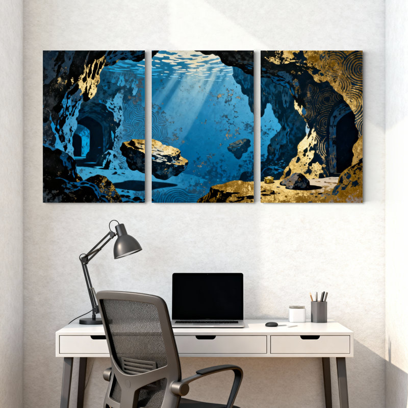 Nautique et plage sous-marine avec lumière du soleil et reflets, ensemble de 3 impressions sur toile, H 30 po x l 60 po