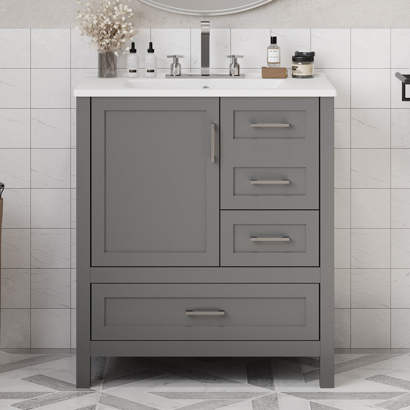 Ensemble de meuble-lavabo à cadre en bois massif 30 po avec lavabo simple avec 3 tiroirs et 1 porte, Gris