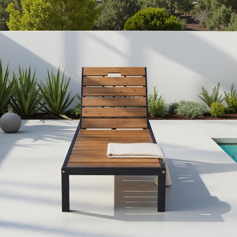 Chaise longue d'extérieur avec dossier réglable, noir et naturel