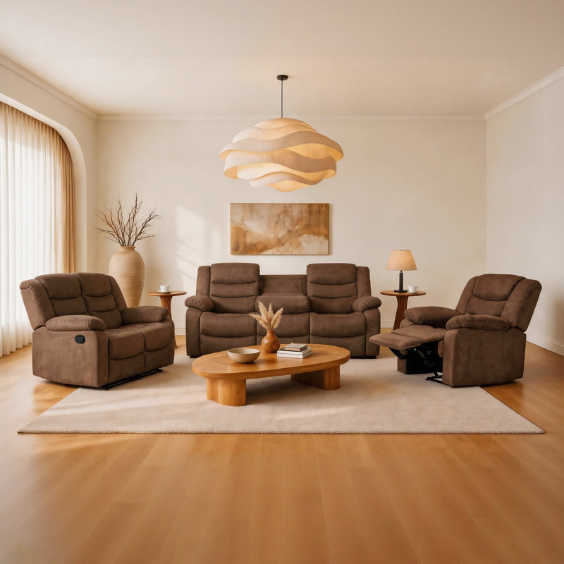 3-Piece Modern Suede Upholstered Soft Reclining Living Room Set, Brown