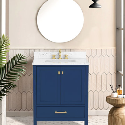 Meuble-lavabo autoportant de 30 pouces avec cadre en bois massif bleu, lavabo, tiroirs à fermeture en douceur