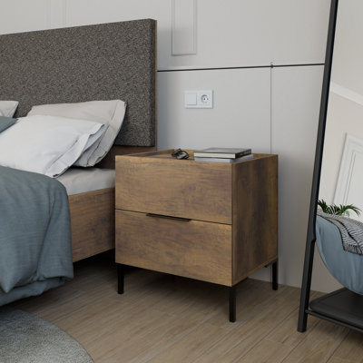 Modern Walnut Nightstand with 2 Drawers, 21.7 x 23.2 x 17.3 inches | 100% Melamine Coated Particle Board, Wall-Mountable Design | Stylish Brown Finish for Industrial & Contemporary Bedrooms
