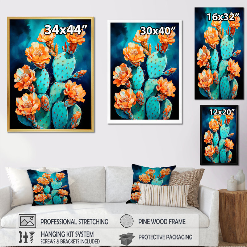 Cactus bleu et bronze brossé sur toile, Toile tendue, H 32 po x l 16 po x P 1 po