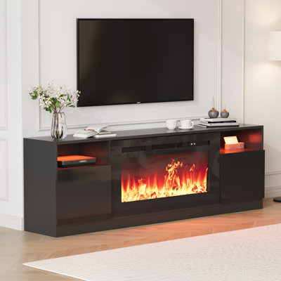 Meuble télé moderne avec foyer électrique intégré de 178 cm (70 po), foyer de 91 cm (36 po), 12 couleurs de flamme DEL, centre multimédia à 2 niveaux, compatible avec les téléviseurs jusqu'à 203 cm (80 po), console multimédia noire brillante avec armoire de rangement, 1 500 W