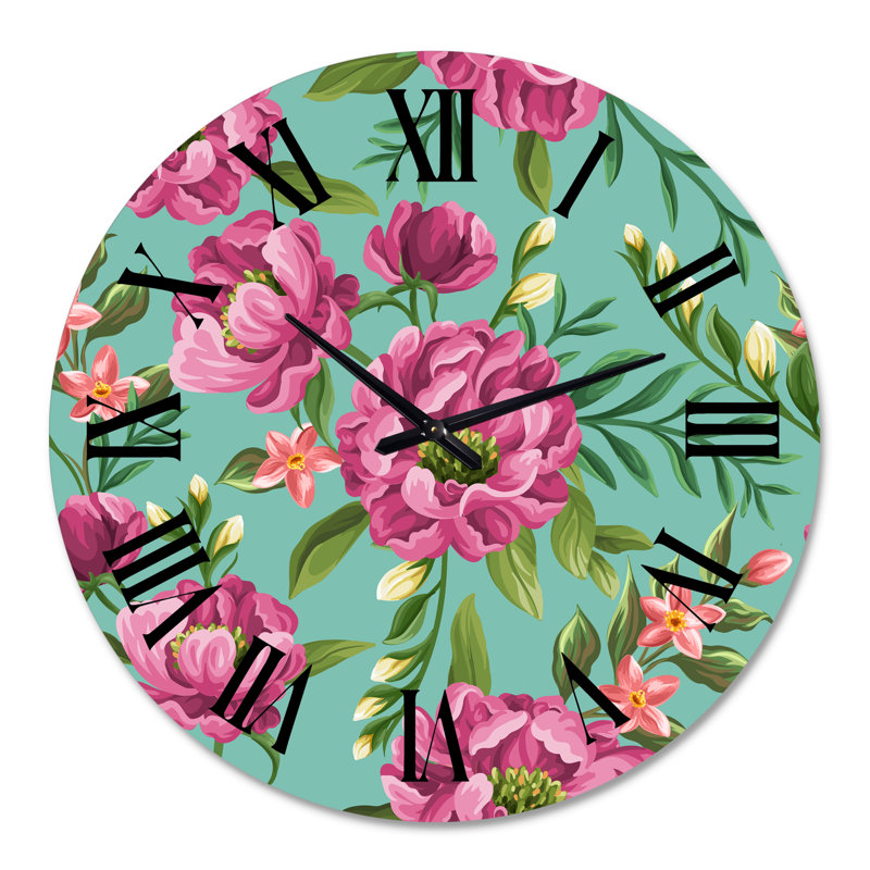 Fuchia fleurs sur vert VIntage - Horloge murale traditionnelle, Moyenne