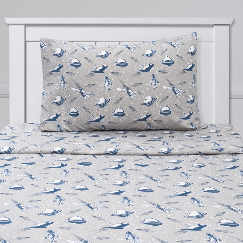 Twin Blue and Gray Spaceship Print Microfiber Sheet Set