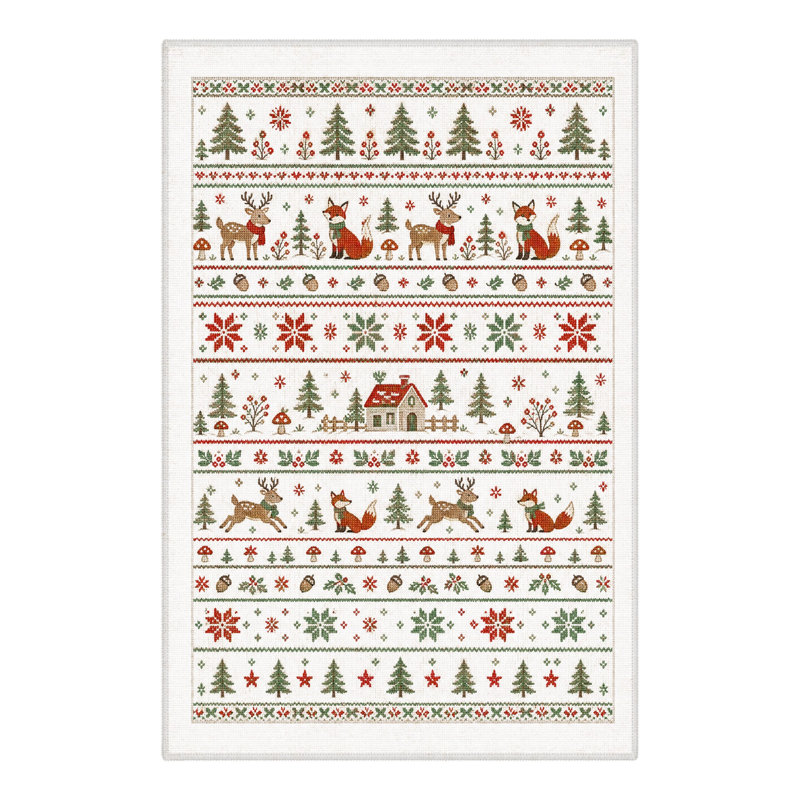 Tapis de salon lavable à poils courts, motif animaux de Noël Fair Isle renard et renne, ivoire/vert