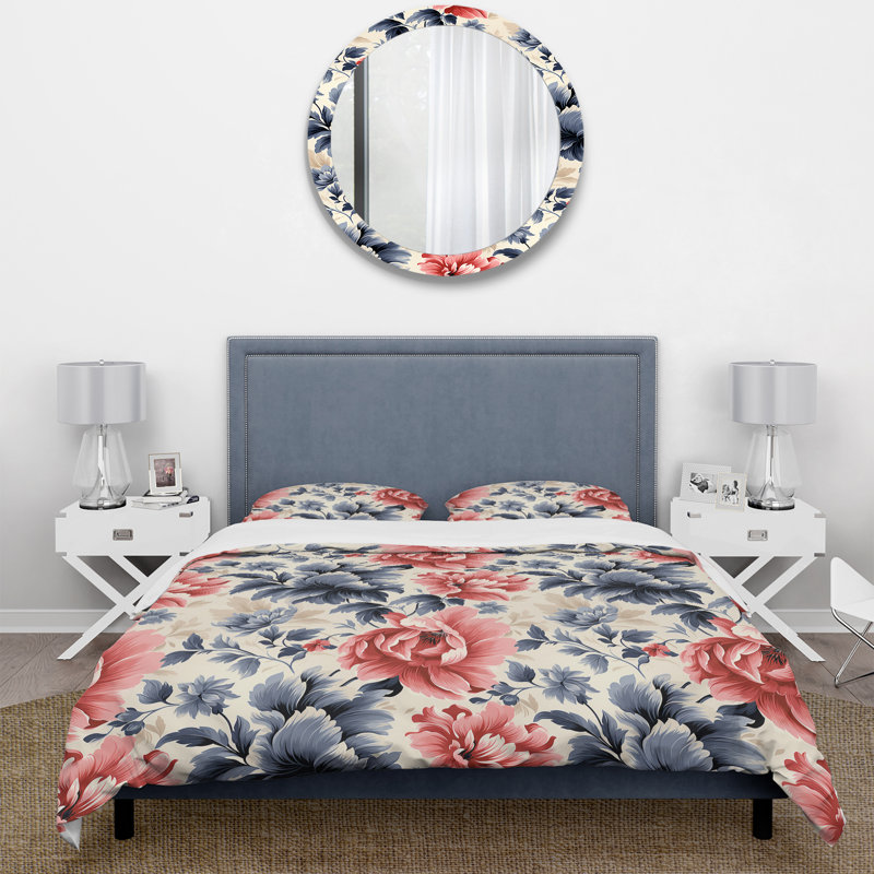 Red And Blue Damask Flower Nostalgia I - Ensemble de housse de couette damassé