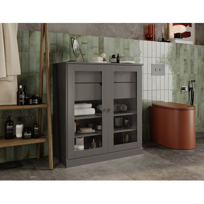 Armoire de rangement pour salle de bain 100% bois massif Palace Imports, portes en verre transparent, 2 tiroirs, tablettes réglables, largeur 32 po, hauteur 35,75 po