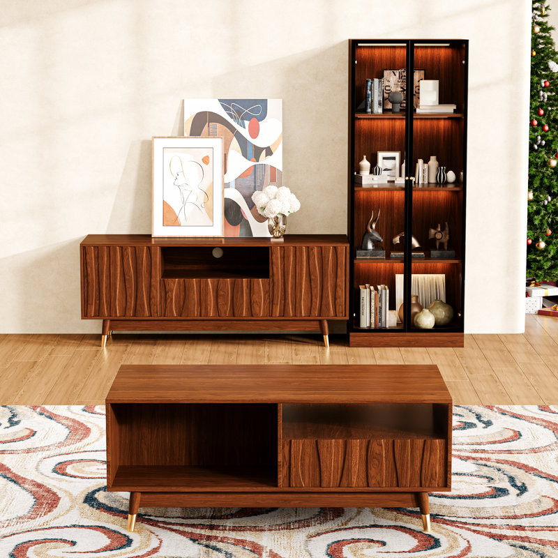 Walnut Finish Entertainment Center With Tv Stand, 4-tier Glass Display Shelves And Center Table For Living Room, Luxury Mid-century Modern Wood Media Console Set Of 3 With Drawers And Storage For 35/45/55 Inch Tv, Brown