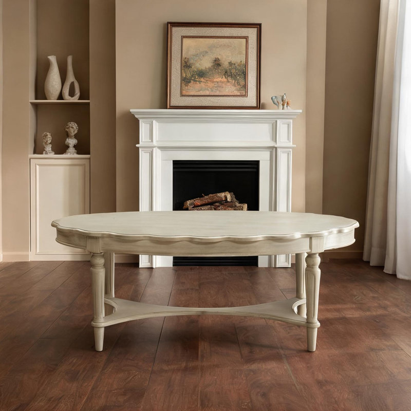 Table basse de salon, plateau ovale blanc propre avec tablette inférieure, pieds tournés, 50 po x 28 po
