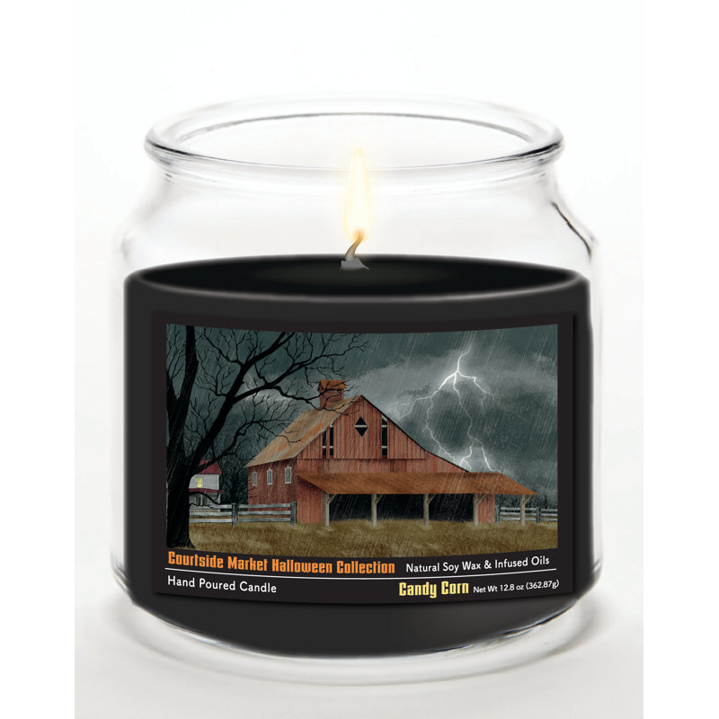 Bougie en pot de verre de 400 g (14 oz) avec couvercle en métal argenté brossé, collection Halloween Barn Lighting