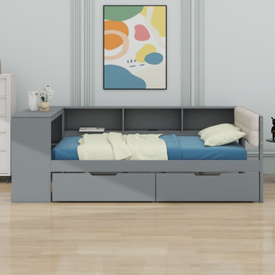 Platform Bed With Storage Shelves, Drawers, Charging Station And Upholstered Headboard