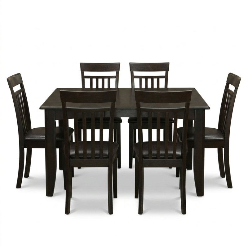 Ensemble table et chaises carrées en bois d'hévéa asiatique couleur cappuccino avec rallonge papillon et sièges en similicuir