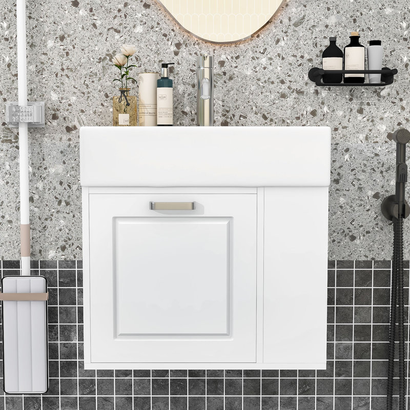 Meuble-lavabo mural flottant avec lavabo, tablettes réglables, Blanc