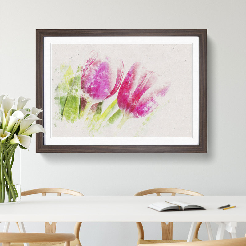 Pair of Pink Tulip Flowers - Picture Frame Painting Print, Walnut Framed, 45cm H x 63cm W x 2cm D