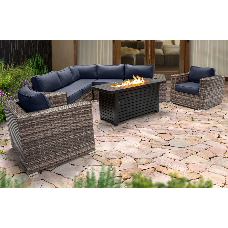 Lsi 6 Person Seating Group With Firepit And Sunbrella Cushions, Sunbrella Navy Blue