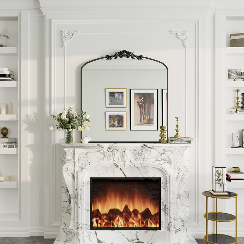 Amara Vintage Baroque Style Tempered Glass French Cleat Mounted Wall Mirror, Antique Black, 36" x 34"