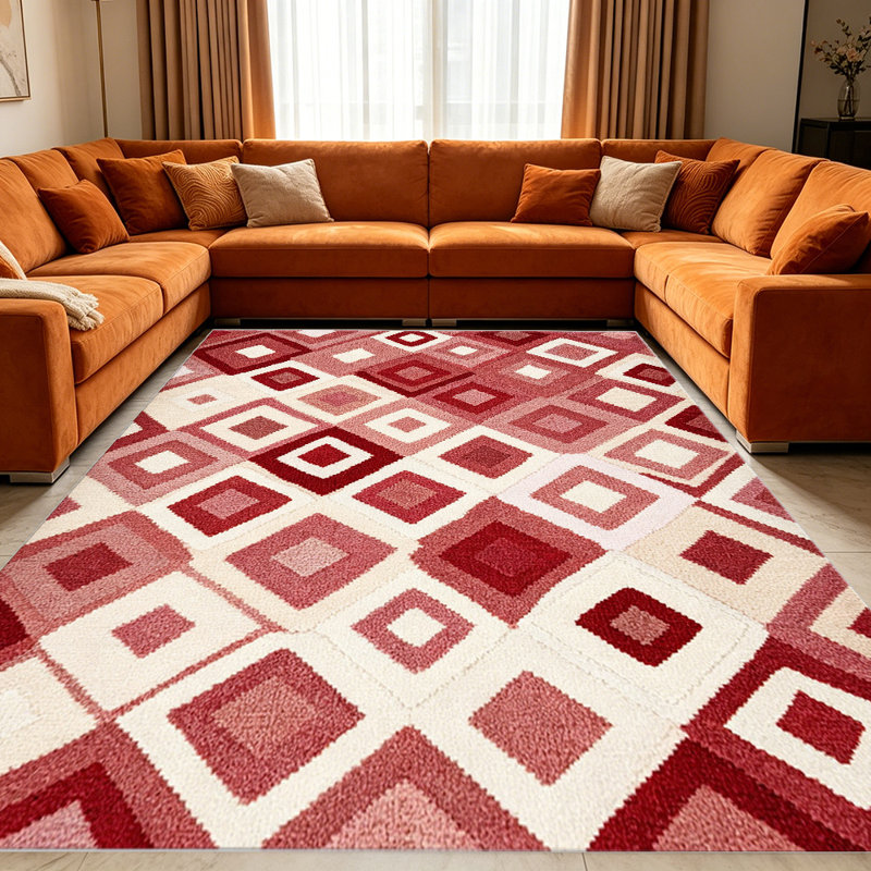 Blush & Red Concentric Diamond carpet-easy to clean, machine-washable, soft and comfortable; suitable for door mats, kitchens, living rooms, bedrooms, corridors, and laundry areas. Easy to clean, durable carpet for home decoration.