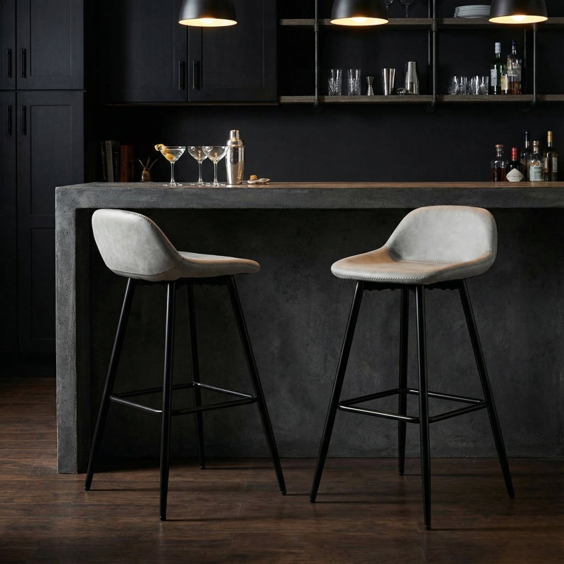 Iraiz Upholstered Counter Stool with Metal Frame, Light Gray