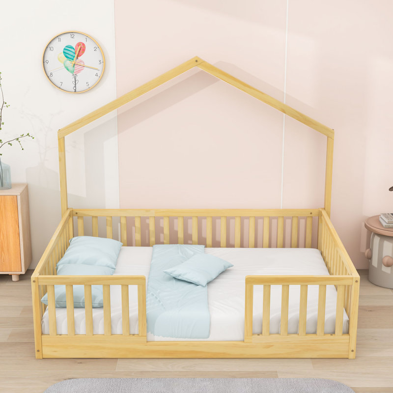 Wood Montessori Bed with Rails and Built-in LED Light, Natural, Full