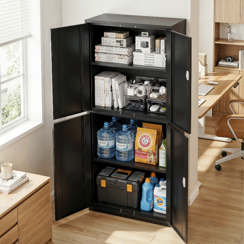 71" Metal Storage Cabinet, Garage Storage Organizer with Locking Doors and Adjustable Shelves for Workshop Office, Black