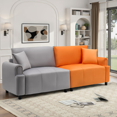 Mercer41 86" Wide Modular Sofa, 3-Seater Upholstered Sofa Couch With Pillows, Velvet Sofa For Living Room, Office, Apartment, Gray+ Orange