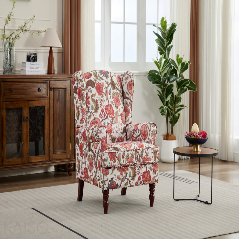Fauteuil d'appoint de style moderne idéal pour les patios extérieurs avec pieds en bois rétro, fauteuil d'appoint confortable enveloppé dans un tissu, fauteuil d'appoint individuel à motif floral