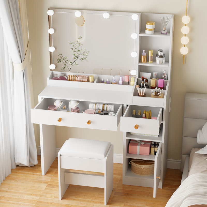 Makeup Vanity Set With Built-in Outlets And Lighted Mirror