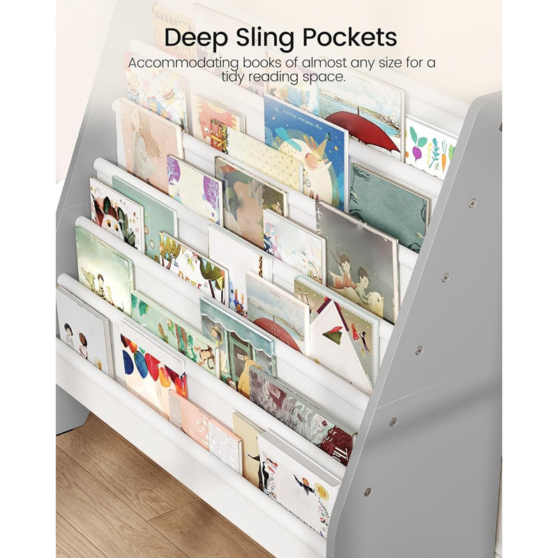 Étagère à livres Sling pour - Organisateur de livres et de magazines de grande capacité pour chambre de bébé, chambre à coucher ou salle de jeux (blanc et gris)