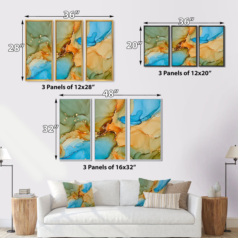 «Brown and Blue Luxury Abstract Fluid Art III», ensemble d'art mural moderne sur toile encadrée, Or