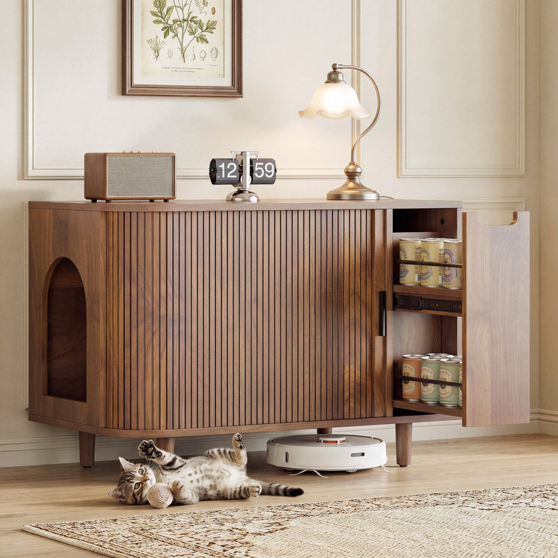 Enceinte de litière pour chat avec porte-tambour coulissante, armoire à litière pour chat 35,4 po avec tiroir 2 couches, brun