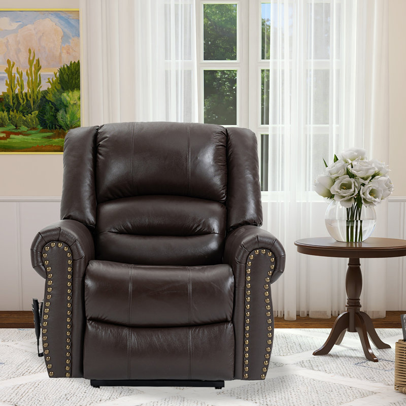 Katrein Lay Flat Leather Match Power Lift Recliner with Massager and Heat, Infinite Position, Dark Brown Leather Match