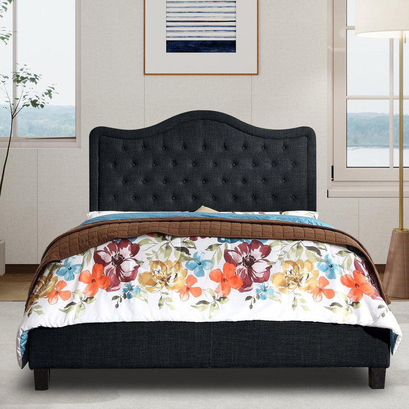 Structure de lit rembourrée en tissu avec tête de lit réglable, support à lattes de bois, lit plateforme capitonné, Noir
