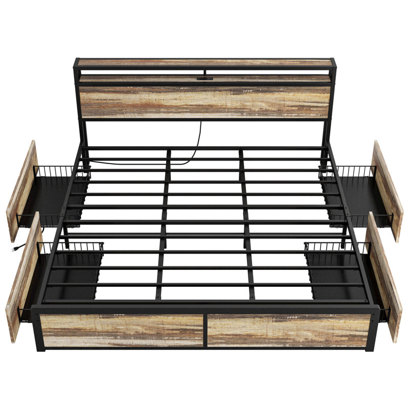 Industrial King Platform Bed with 4 Drawers & Integrated Charging Station, Featuring Headboard Shelf , Rustic Brown