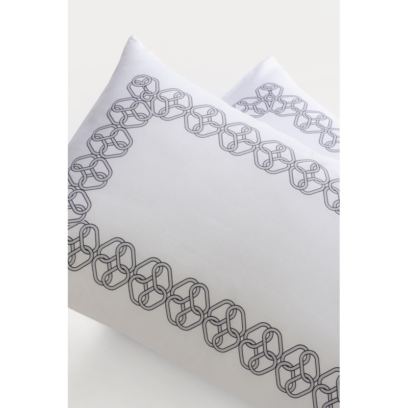 King Size White Cotton Satin Sham with Grey Print
