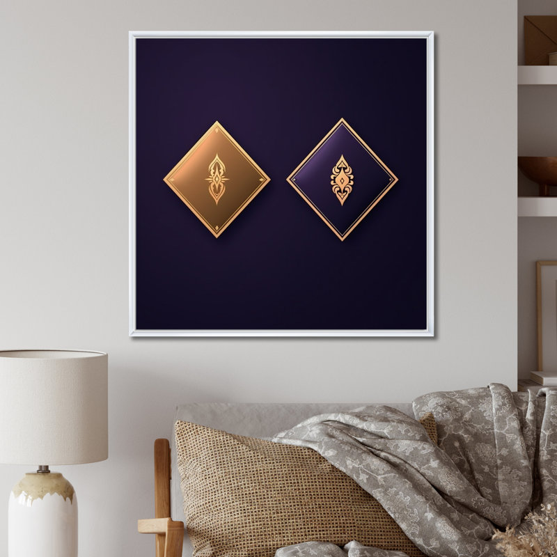 Motif géométrique rétro en mauve et or - imprimé, H 16 po x l 16 po x P 1 po, Cadre flottant blanc