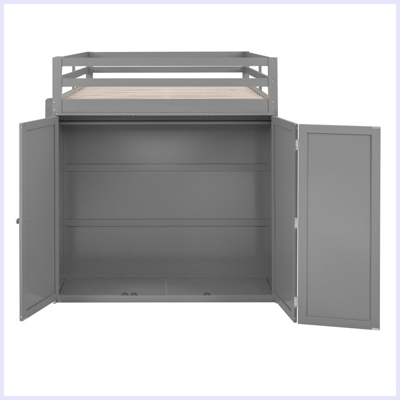 Lit mezzanine moderne avec tiroirs, bureau et garde-robe, Gris, Complète