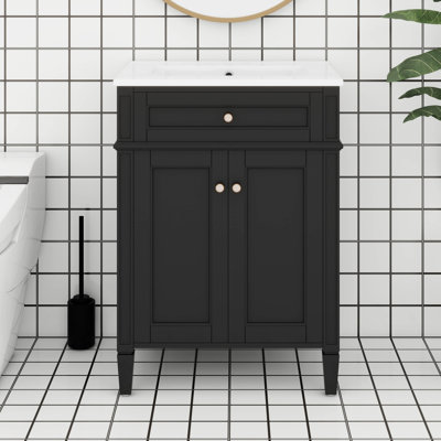 Meuble-lavabo autoportant de 24 po avec lavabo en céramique, armoire de rangement avec 2 portes et tiroir basculant