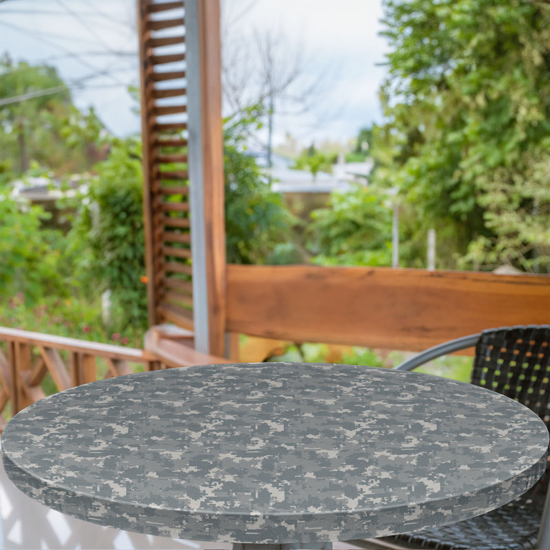 Ebern Designs Camouflage Fitted Round Tablecloth Diameter Blue Grey White