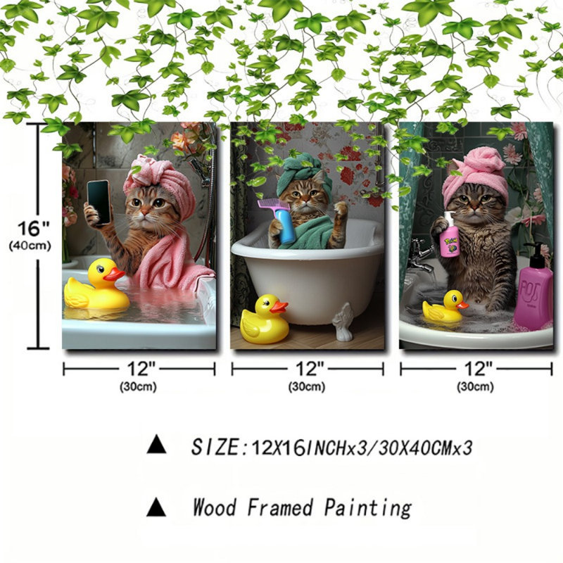 Charming Spa Cat Bathroom 3-Piece Canvas Print for Cozy Living Space, 16 * 12 pouces 3 pièces