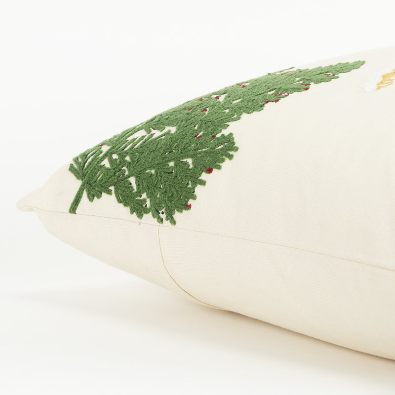 Ivory and Multicolor Embroidered Cotton Holiday Pillow with Raccoon Design