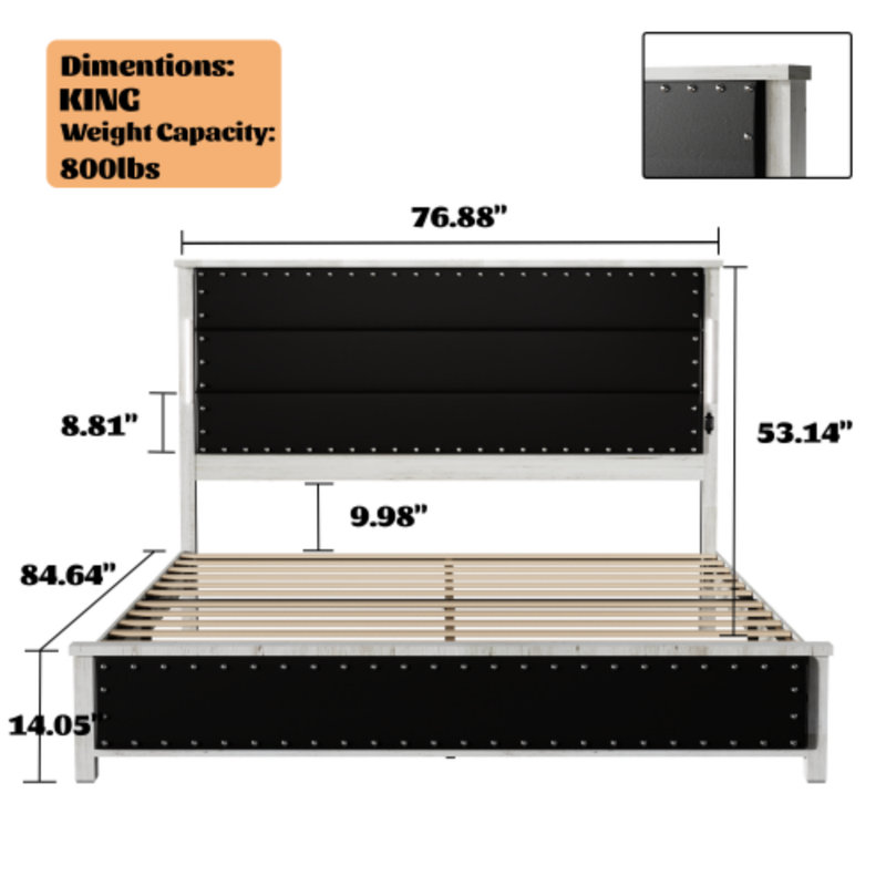 Base de lit en bois massif Timberline avec tête de lit tapissier, tiroirs de rangement, lumières à DEL, station de charge
