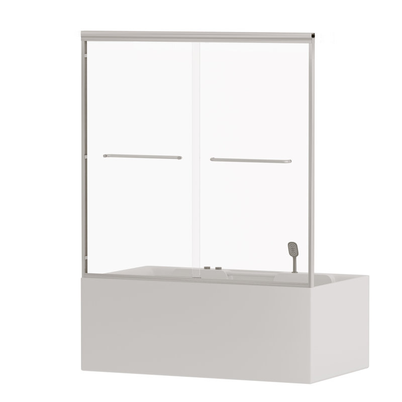 Porte de douche coulissante double demi-cadre avec verre trempé l 56 "x H 60" x H 58 ", Nickel brossé