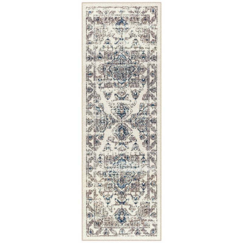 Tapis oriental ivoire / brun / bleu touffeté Oriental, Tapis de couloir 2 pi x 6 pi
