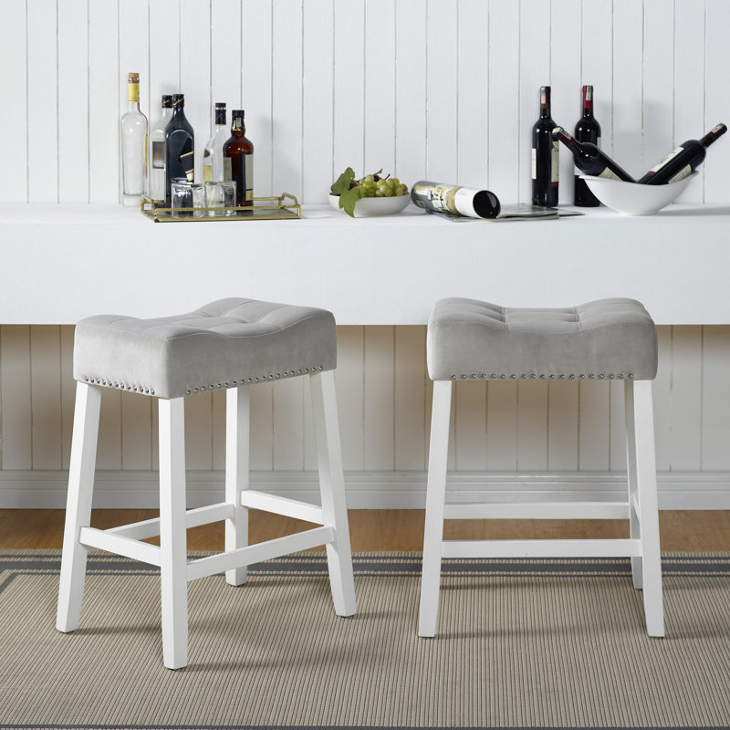 Tabourets de velours à hauteur de comptoir, 2 unités, sièges de selle gris, blanc délavé, pièces de construction solides,