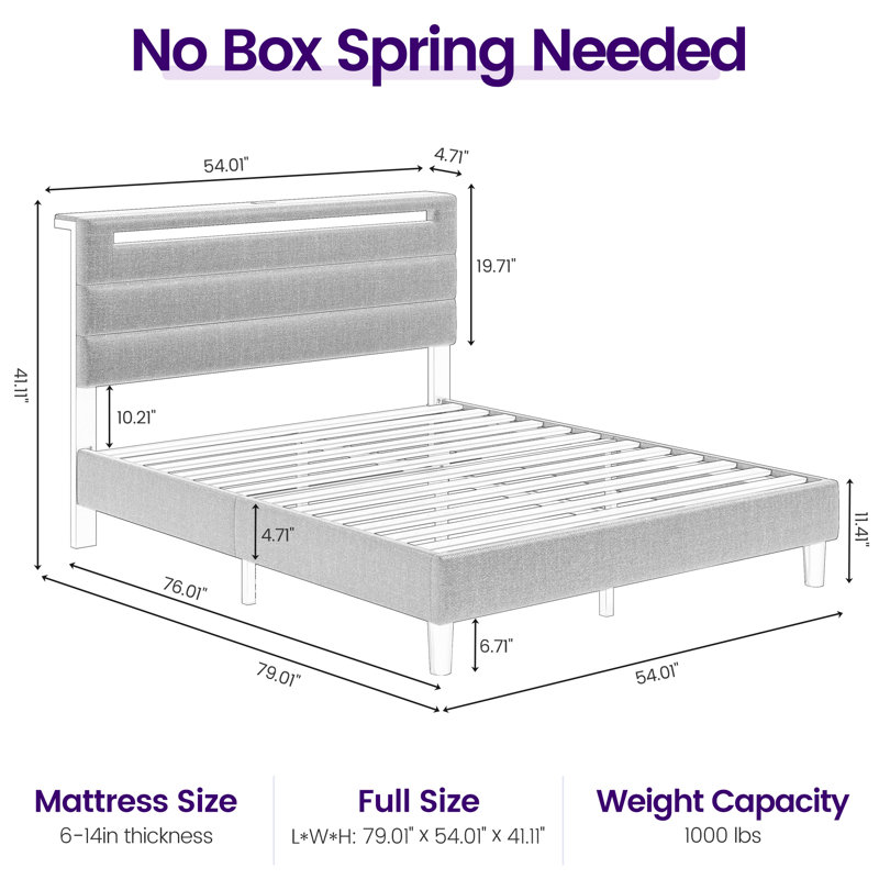 Platform Bed with Upholstered Headboard ,Bed Frame with LED lights and Charging Station, Full, White
