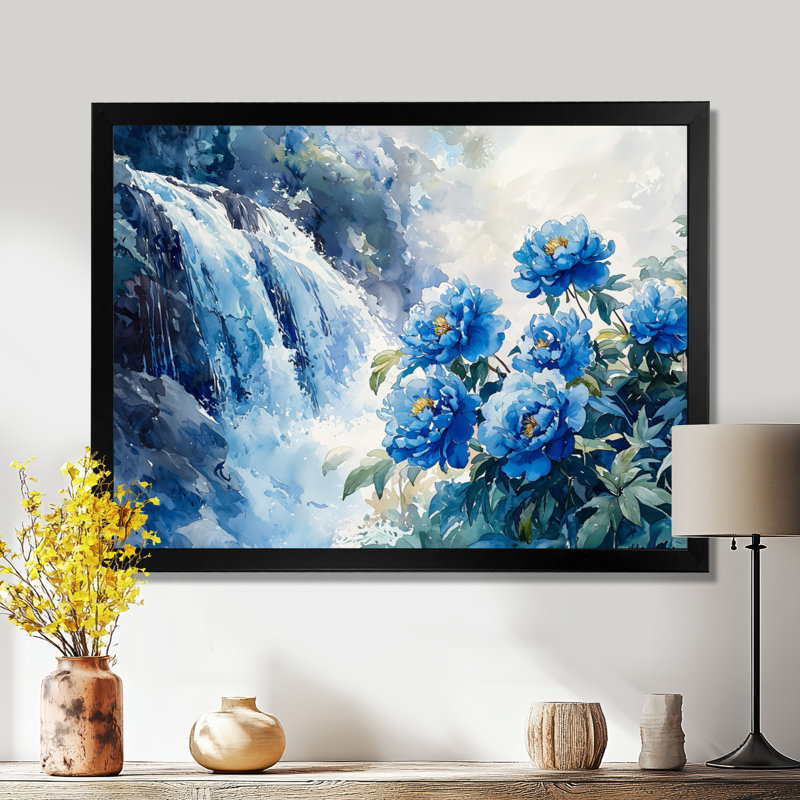 Pivoines par la chute d'eau I - Pivoines, reproduction sur toile, H 30 po x l 40 po, Noir