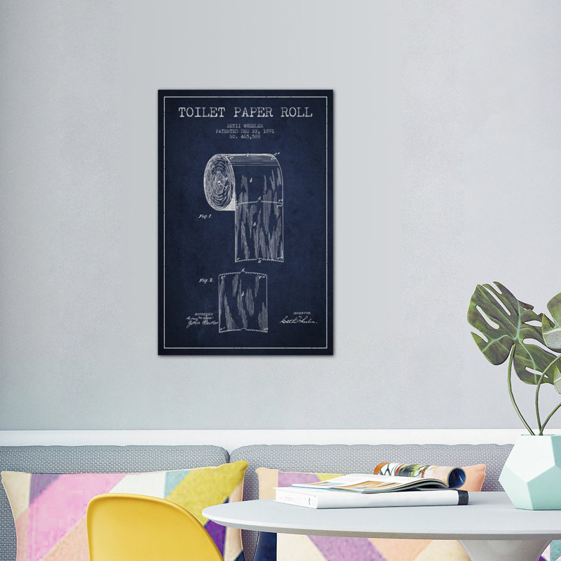 " Toilet Paper Navy Blue Patent Blueprint " by Aged Pixel, Black Framed Canvas, 26" H x 18" W x 1.5" D, No Mat